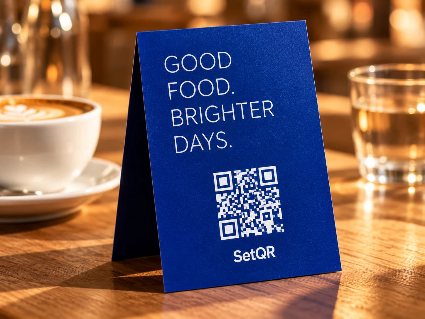 A cobalt QR menu card on a café table beside a cappuccino.